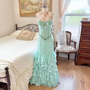 Mint Green Ruffled Prom Gown with Embellished Corset